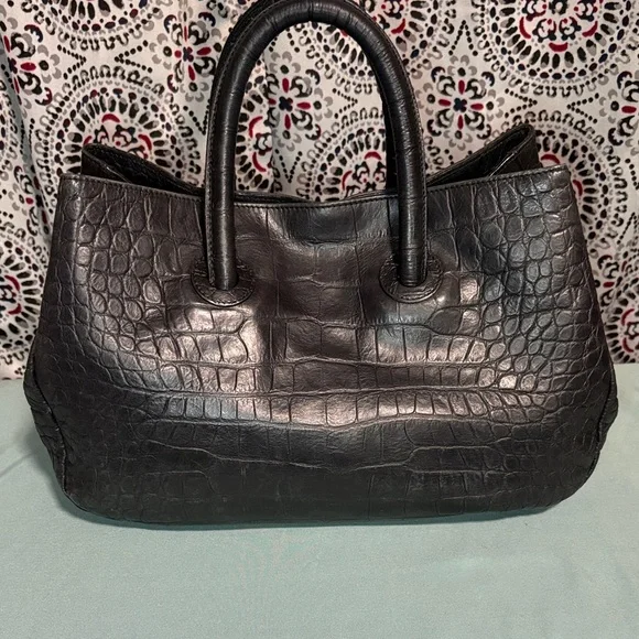 Furla Black Croc Embossed Leather Tote Bag Large Shoulder Bag Made in Italy EUC